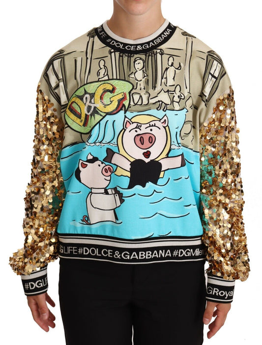 Multicolor Sequined Pig Print Sweatshirt