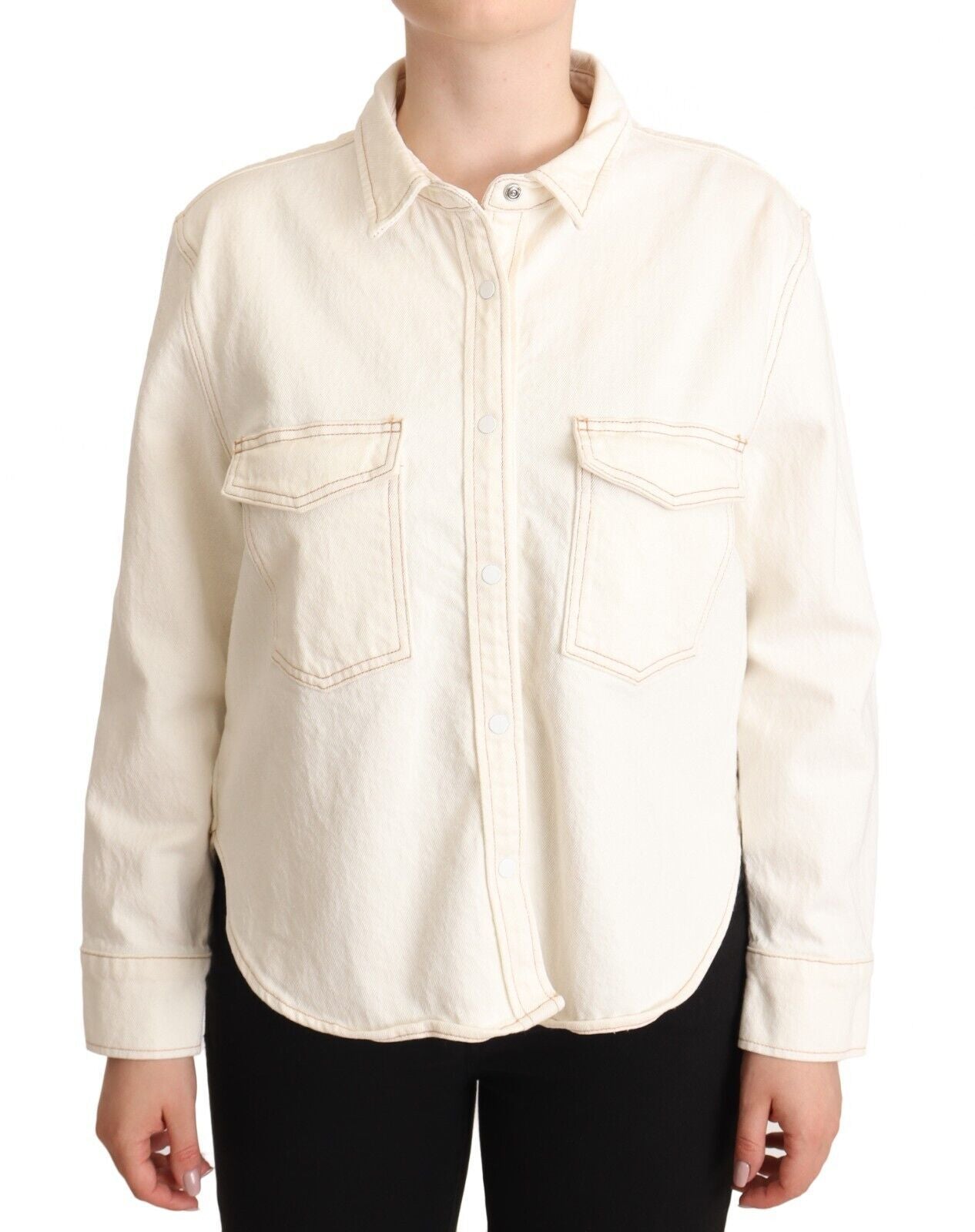 White Cotton Collared Long Sleeves Button Down Polo Top