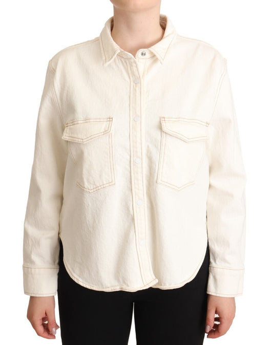 White Cotton Collared Long Sleeves Button Down Polo Top