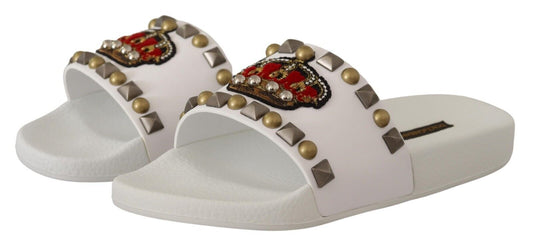 Regal White Leather Slides with Crown Patch