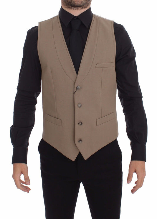 Beige Cotton Slim Fit Button Front Dress Vest