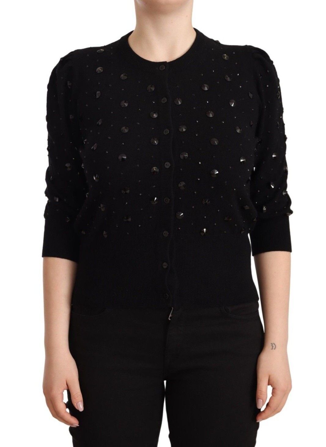 Elegant Black Cashmere Crystal Cardigan