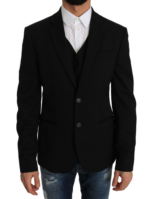 Elegant Slim Fit Black Wool Blazer and Vest Set