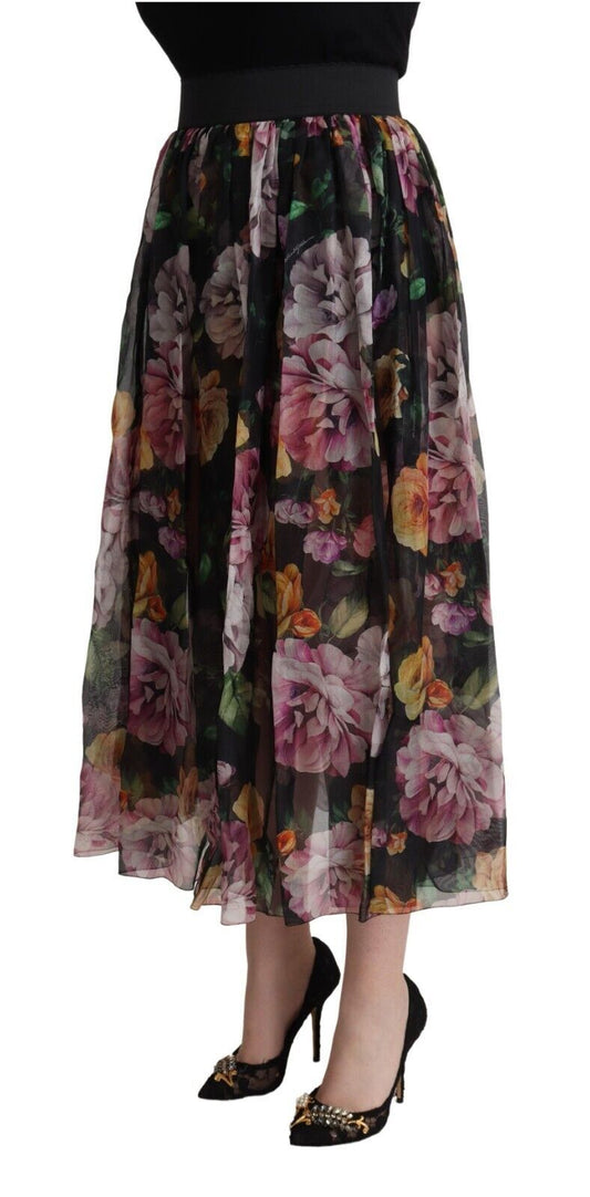 Floral Silk Pleated Midi Skirt