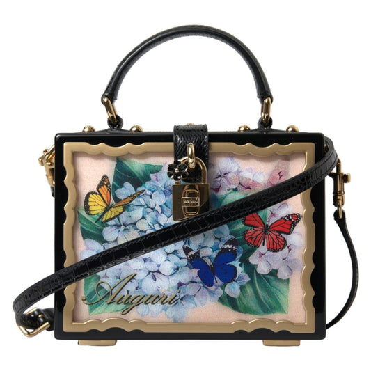 Elegant Floral Wood-Leather Box Bag with Gold Accents