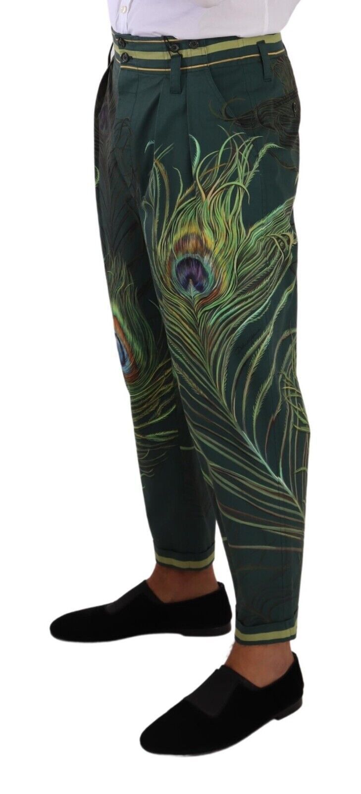 Elegant Tapered Cotton Pants with Peacock Feather Print