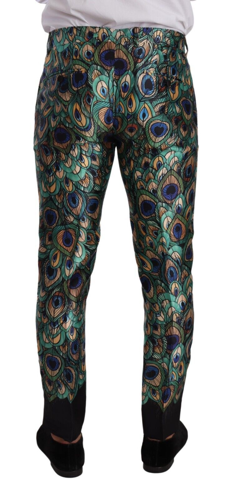 Peacock Feather Print Silk Skinny Pants