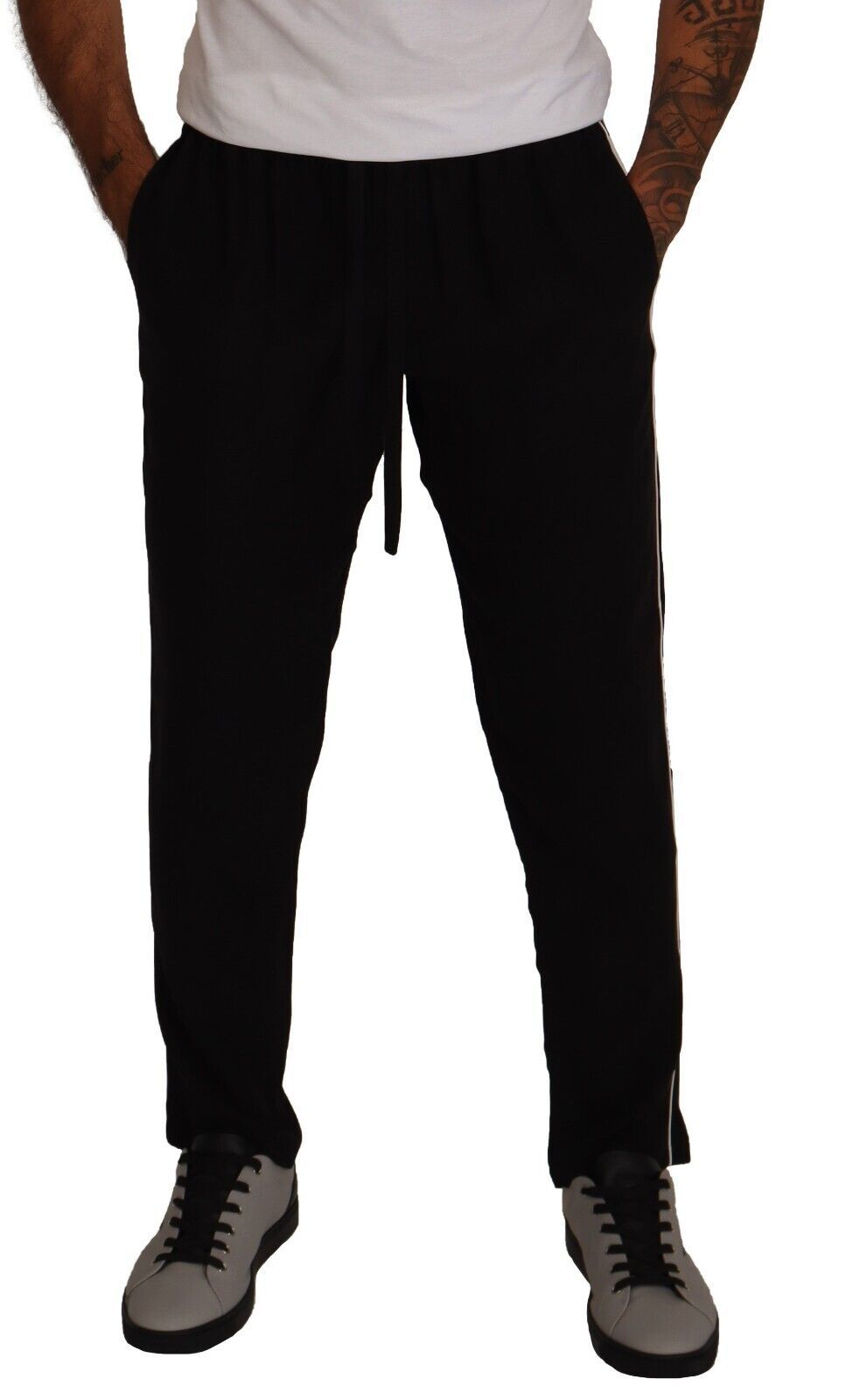 Elegant Silk Jogging Pants with White Stripe Detail