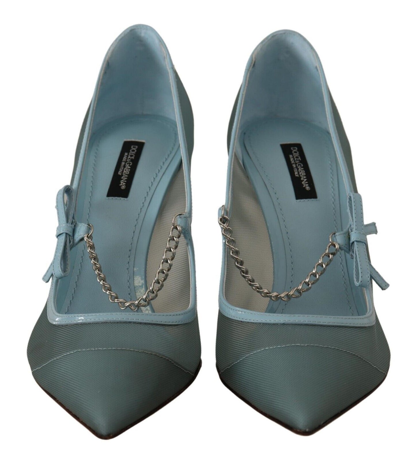 Chic Blue Mesh Heels with Silver Chain Details