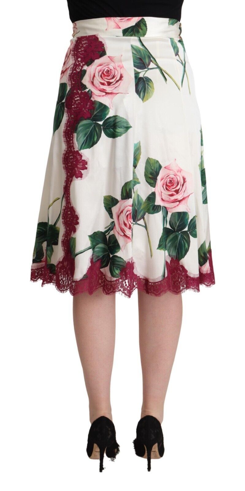 White Rose Print High Waist Midi A-line Skirt