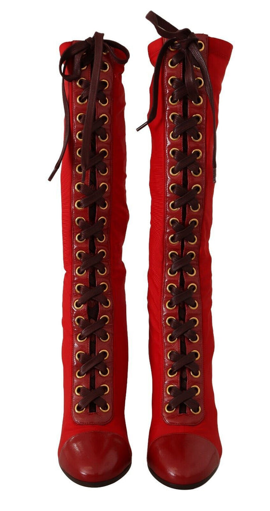 Red Lace-Up Knee High Leather Boots