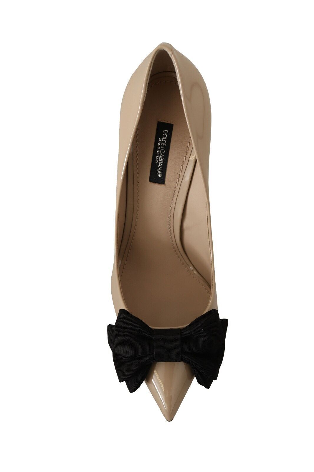 Beige Patent Leather Pumps with Black Bow