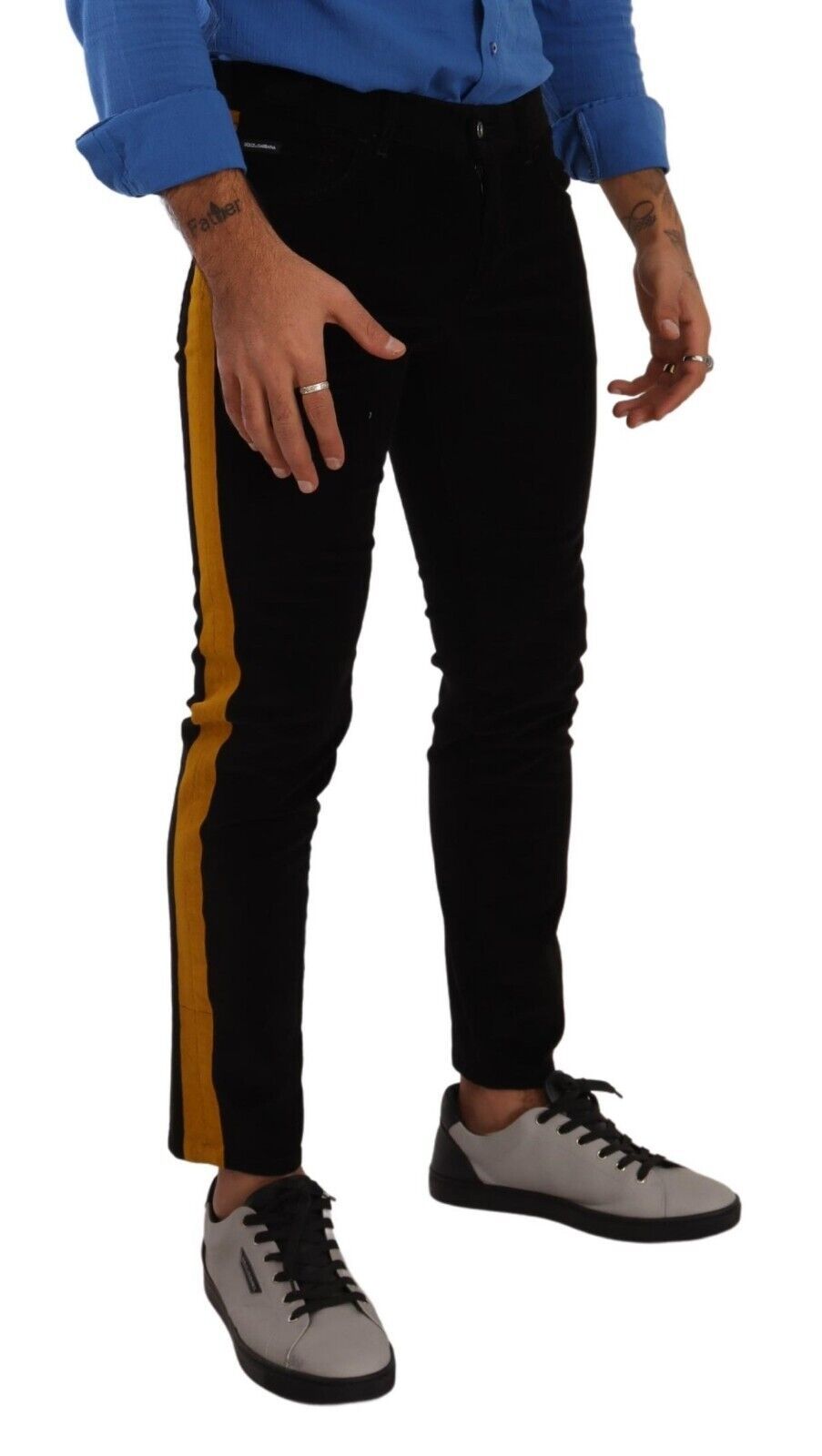 Slim Fit Black Denim Jeans with Yellow Stripe