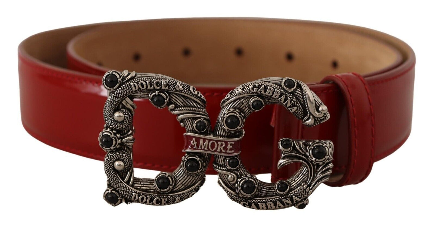 Elegant Red Leather Pearl Buckle Belt