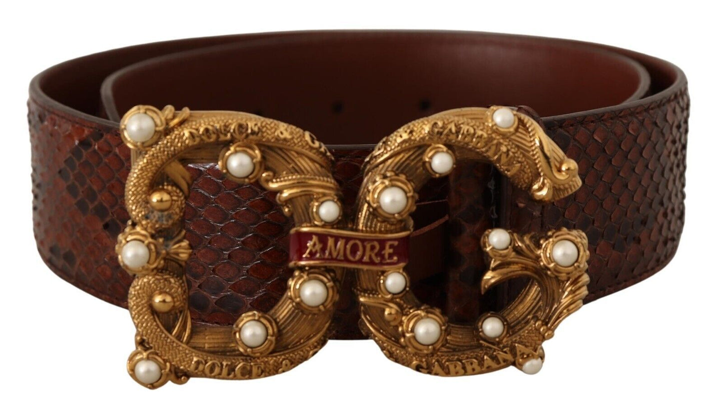 Brown Exotic Leather Logo Buckle Amore Belt