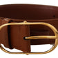 Brown Leather Gold Metal Oval Buckle Belt