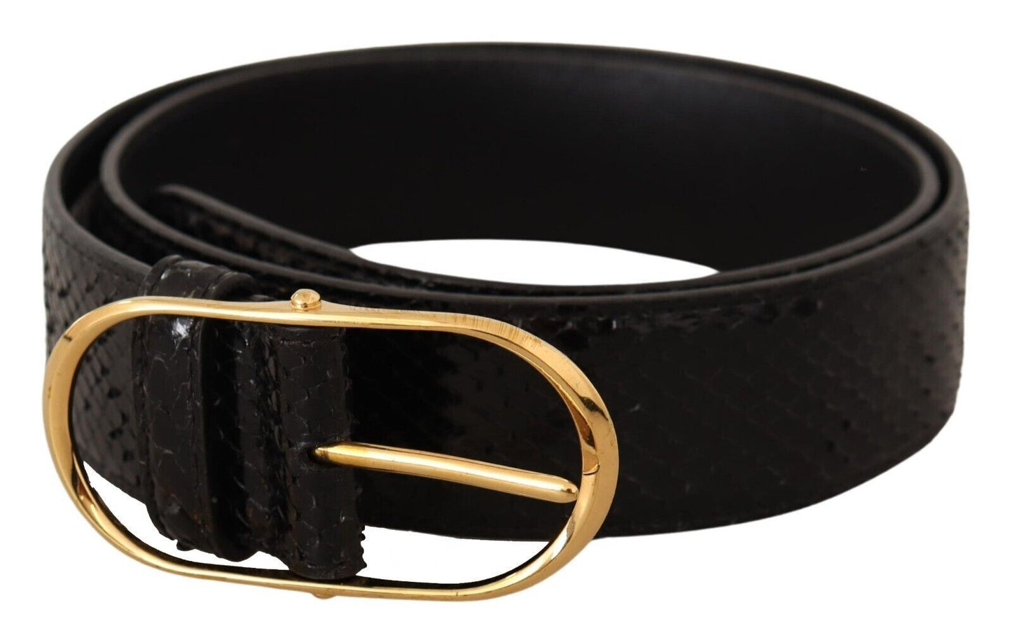 Chic Black Python Leather Belt with Gold Buckle