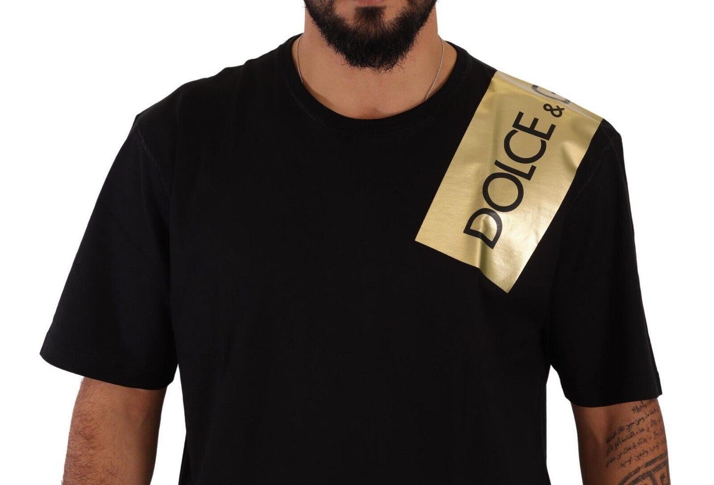 Elegant Black Cotton Tee with Gold Logo