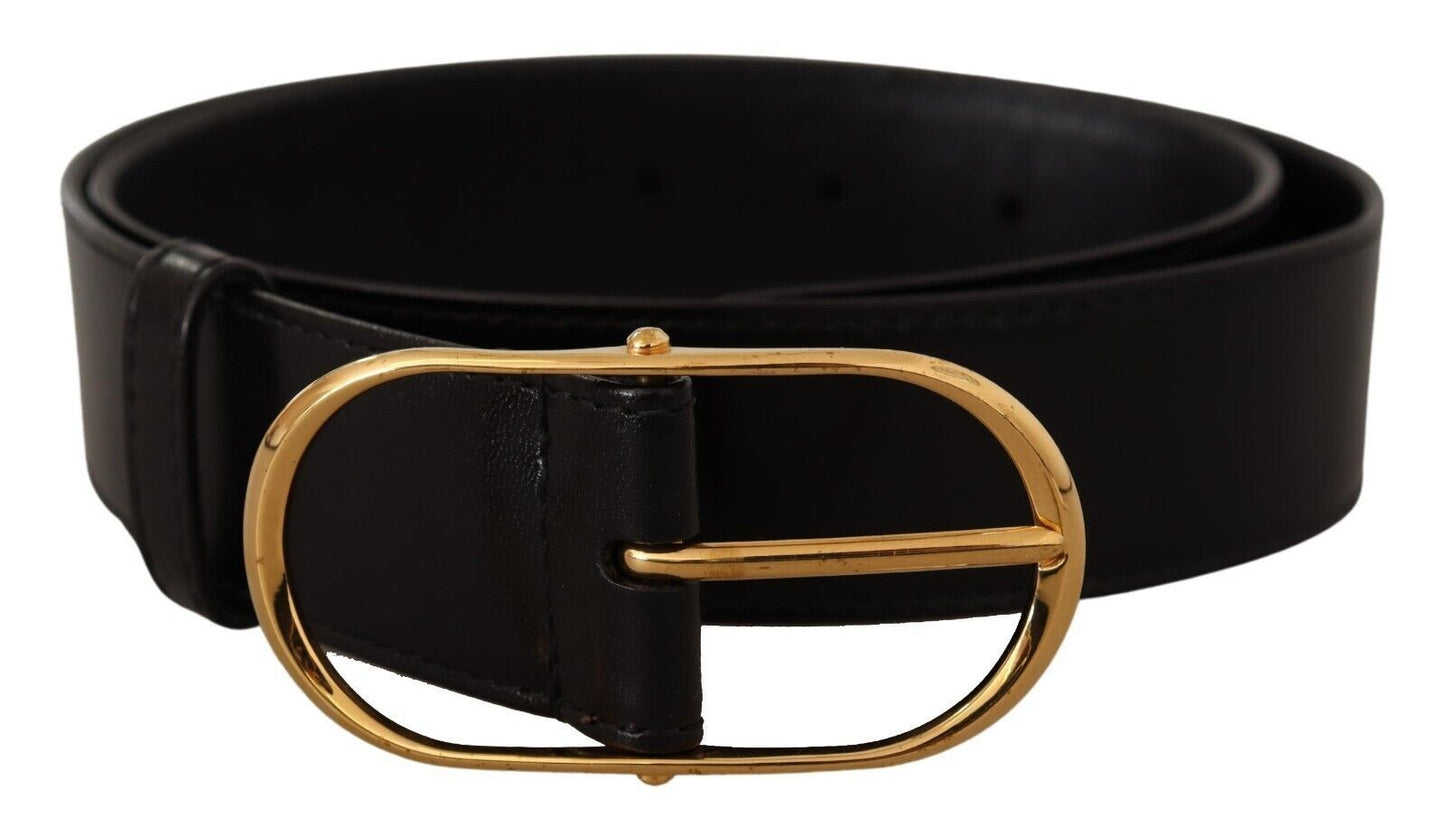 Elegant Black Leather Belt with Gold Oval Buckle