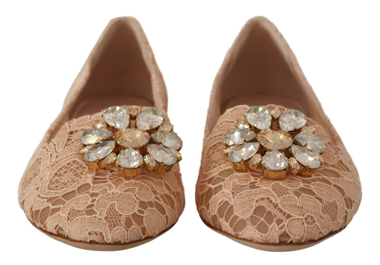 Elegant Beige Lace Ballet Flats with Crystal Buckle