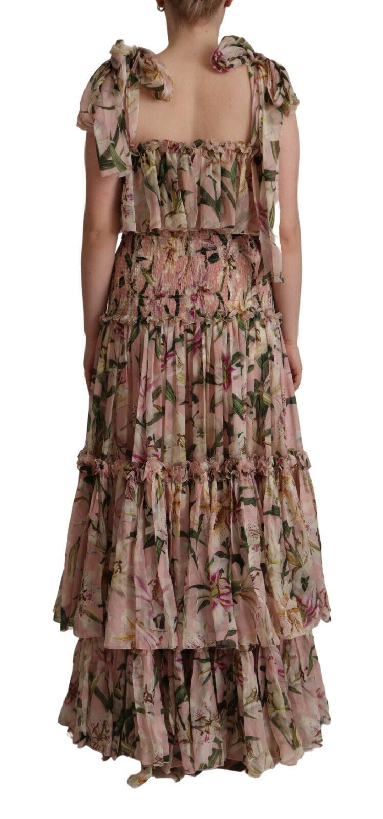 Elegant Pink Floral Ruched Silk Long Dress