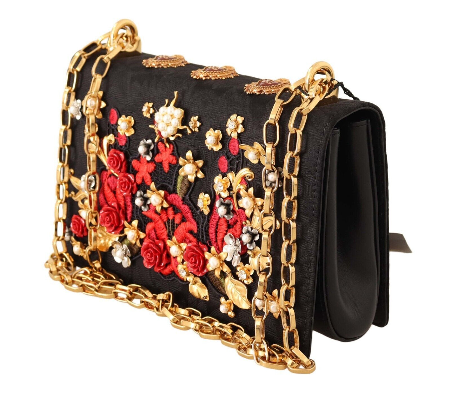 Embellished Brocade Shoulder Bag with Gold Accents