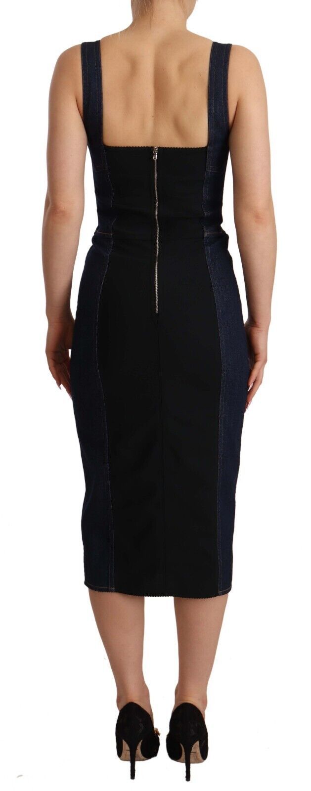 Dark Blue Cotton Denim Sheath Midi Dress