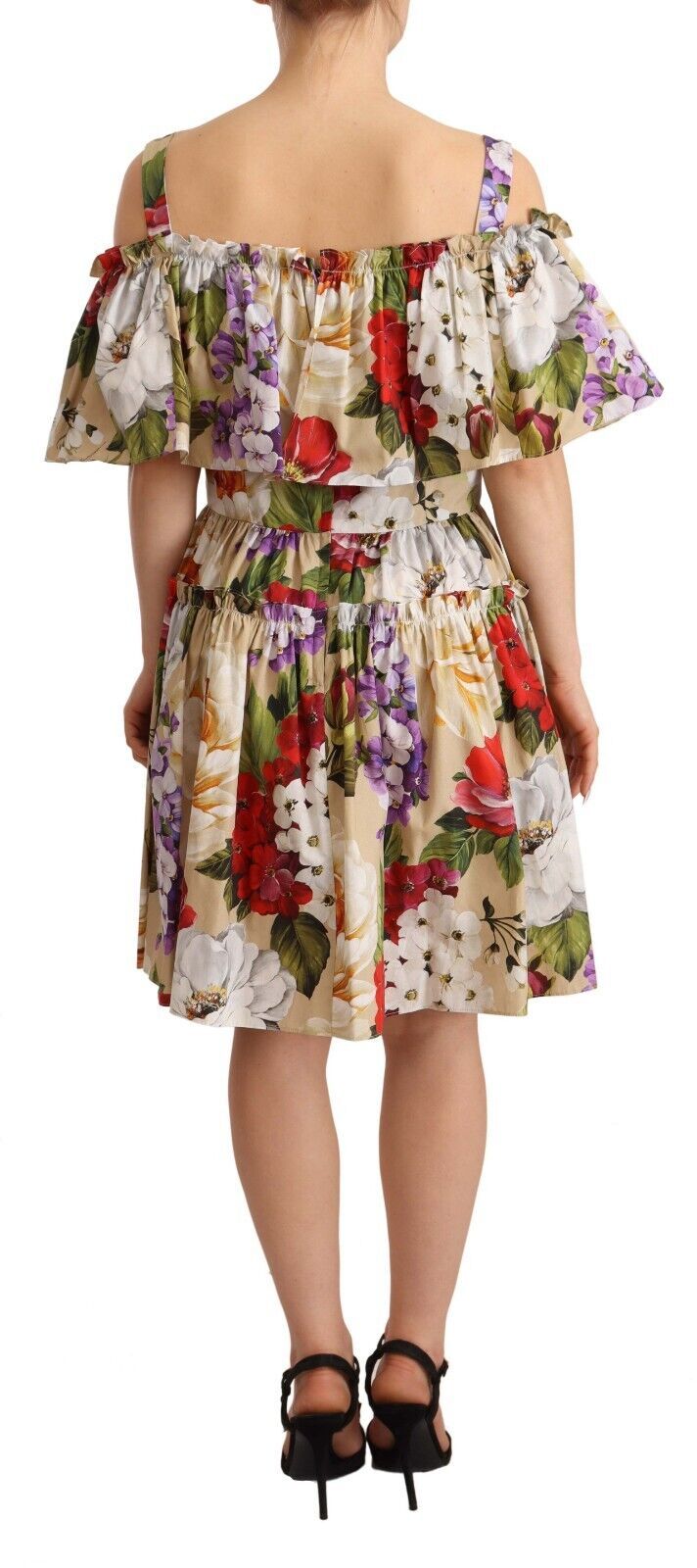 Elegant Beige Open Shoulder Floral Dress