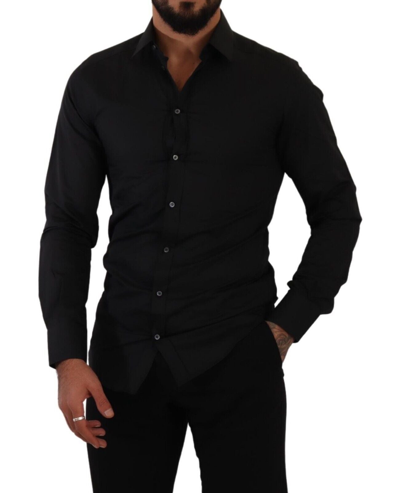 Elegant Slim Fit Black Cotton Silk Dress Shirt