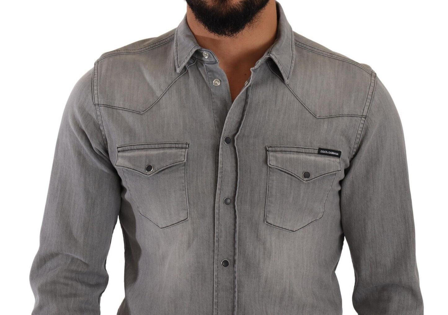 Sleek Gray Cotton Slim Fit Denim Shirt