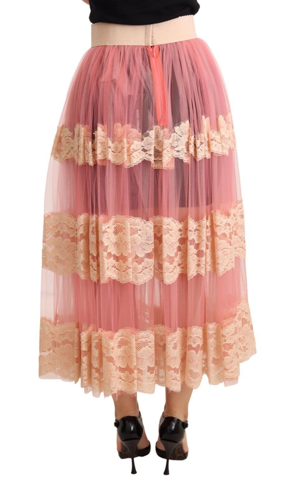 Elegant Pink High Waist Lace Midi Skirt