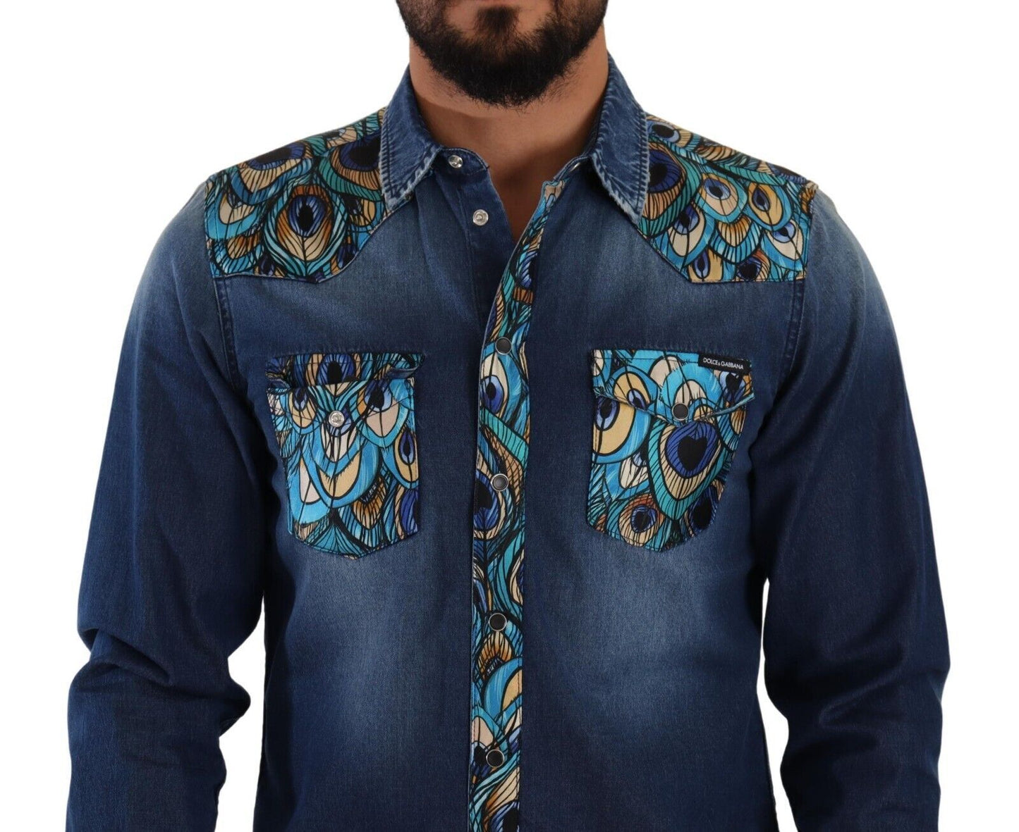 Peacock Print Cotton Denim Button-Down Shirt