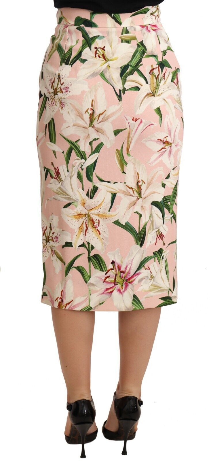 Elegant Pink Lily Print Midi Skirt