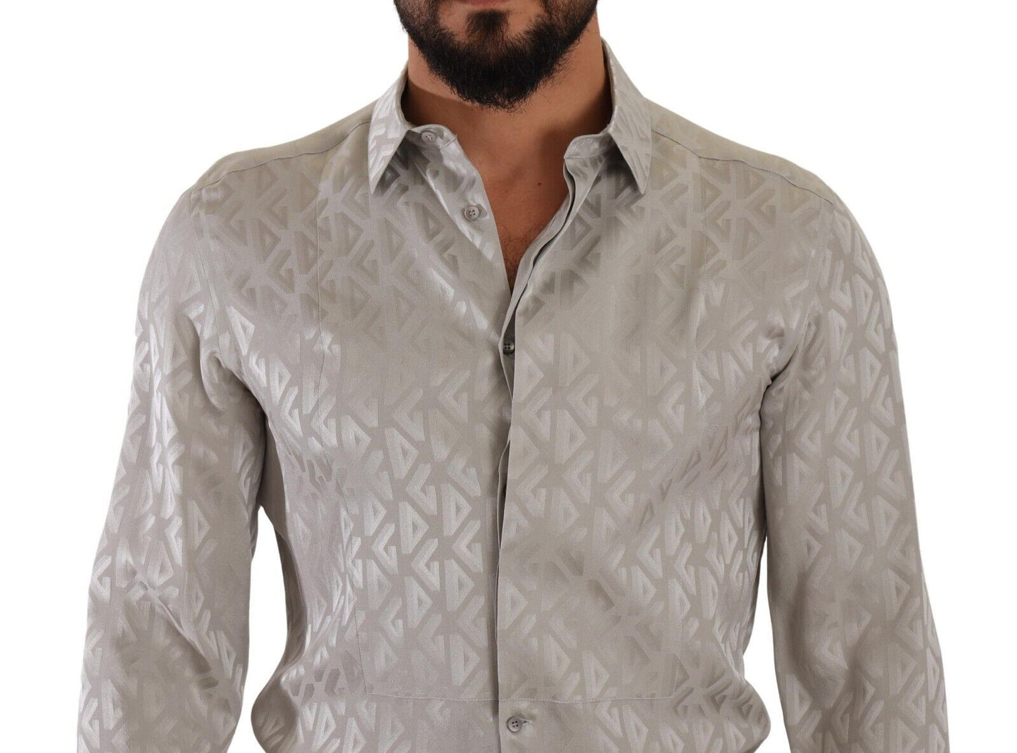 Sleek Metallic Grey Silk Dress Shirt