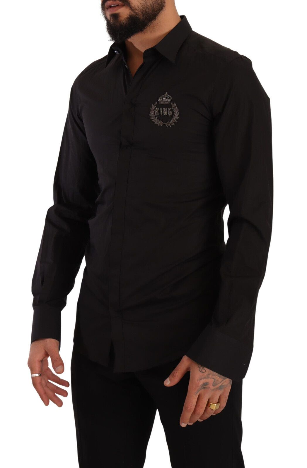 Elegant Black Cotton Dress Shirt with Embroidery