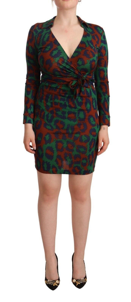 Red Green Leopard Silk Jersey Mini Wrap Dress