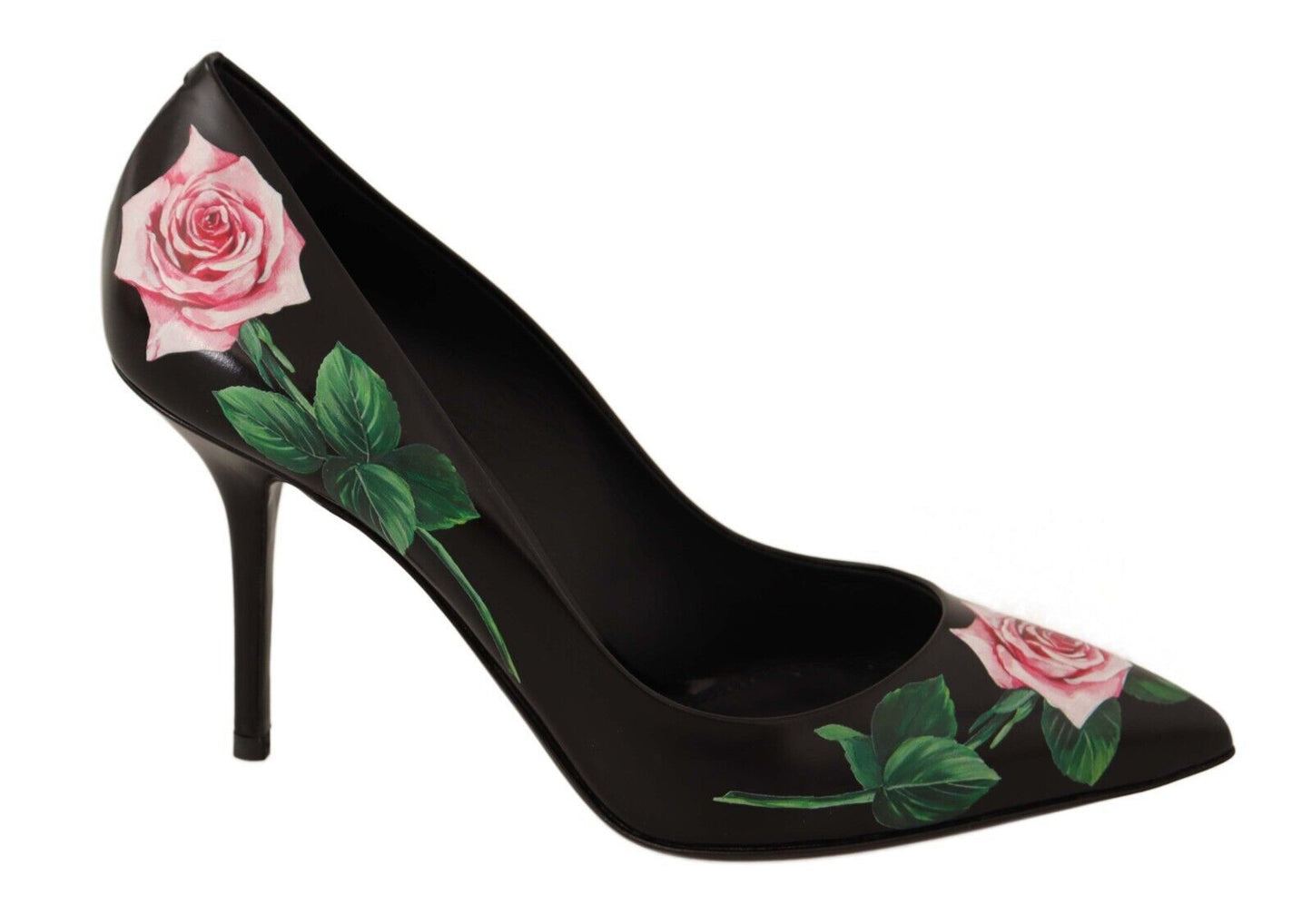 Elegant Black Rose Print Leather Pumps