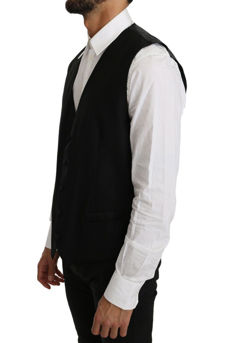 Black Solid Wool Silk Vest