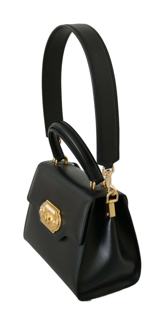 Elegant Black Leather Shoulder Bag with Gold Accents