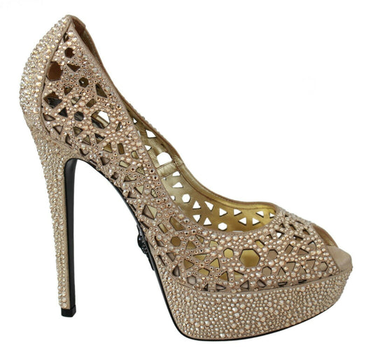 Elegant Beige Leather Heeled Pumps with Rhinestones