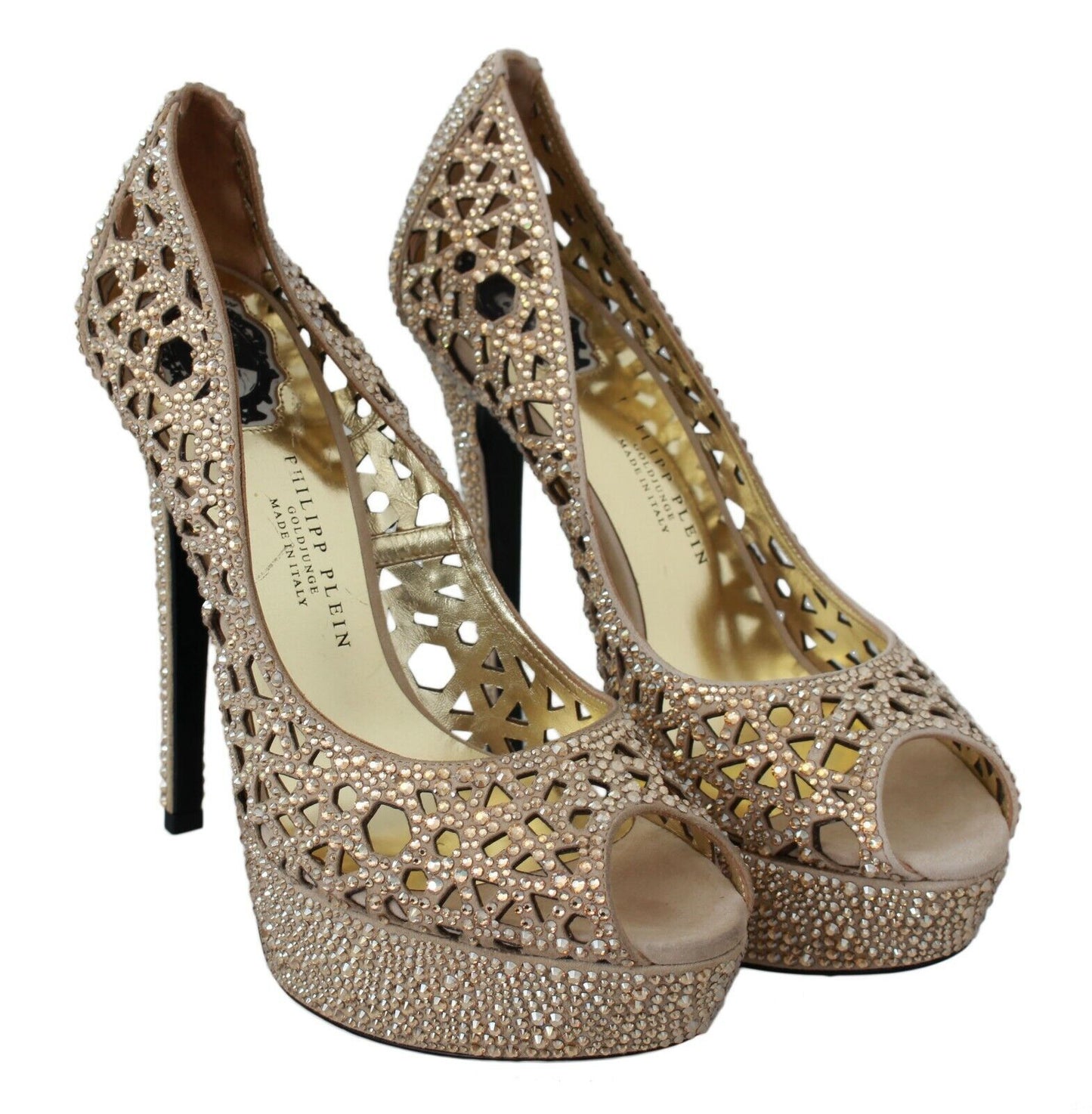 Elegant Beige Leather Heeled Pumps with Rhinestones