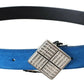 Blue Leather Silver Square Logo Buckle Waist Belt