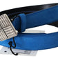 Blue Leather Silver Square Logo Buckle Waist Belt