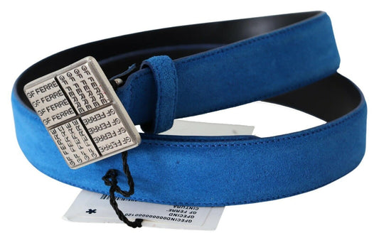 Blue Leather Silver Square Logo Buckle Waist Belt