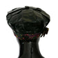Black Lamb Leather Floral Print Beret Hat