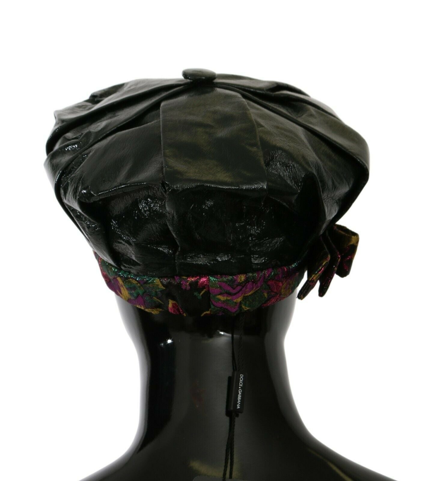 Black Lamb Leather Floral Print Beret Hat