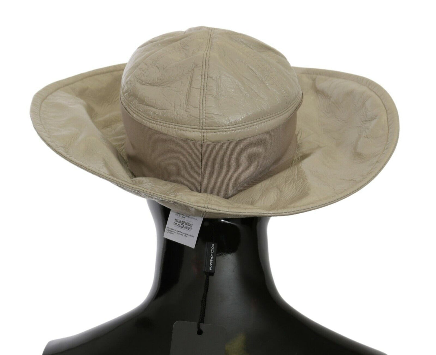 Beige 100% Lamb Leather Wide Brim Panama Hat