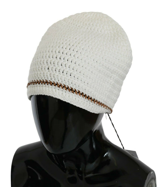 Chic White Beanie with Metal Chain Detail