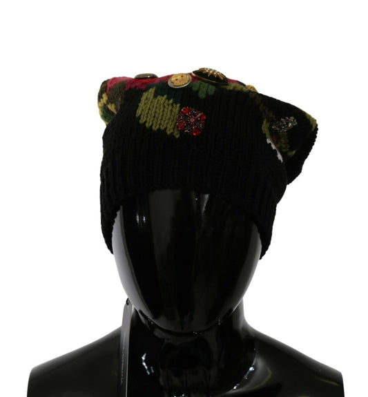 Elegant Black Wool Floral Beanie