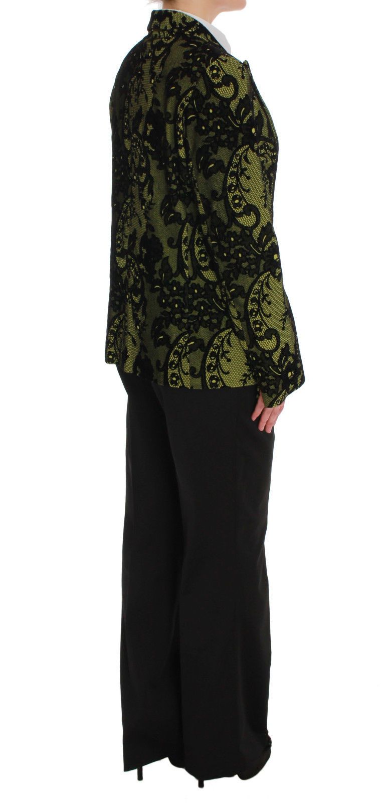 Black Yellow Cotton Lace Blazer Pants Suit